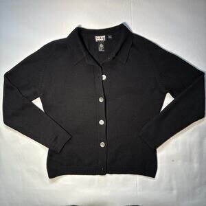 DKNY Black Button Up Cardigan 100% Wool Womens Medium Preppy Casual Office